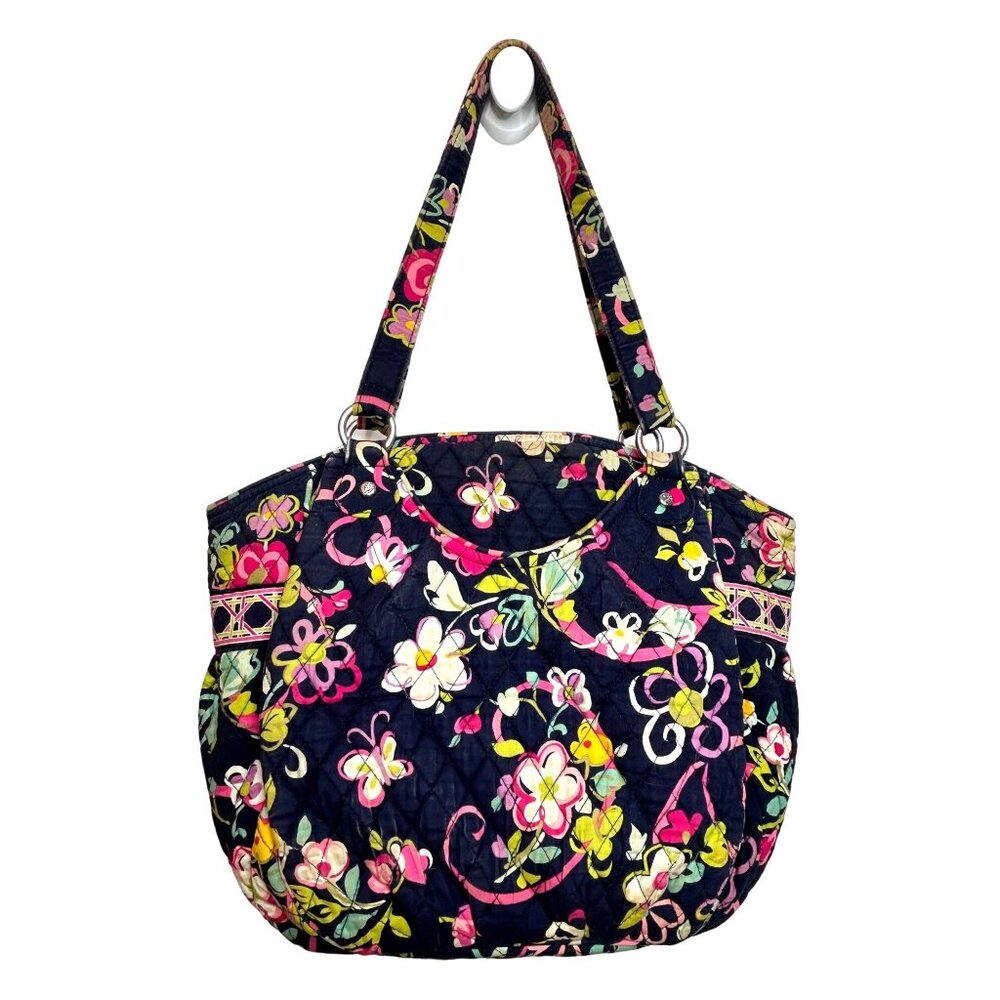 Vera Bradley Tote Bag Cancer Awareness 2 Straps Navy Multi Floral Quilted Logo